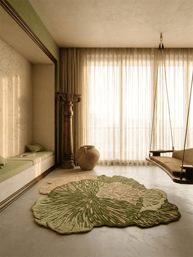 Forest Nuances hand-tufted rug styled in a serene interior, adding organic warmth, texture, and a grounded natural feel.