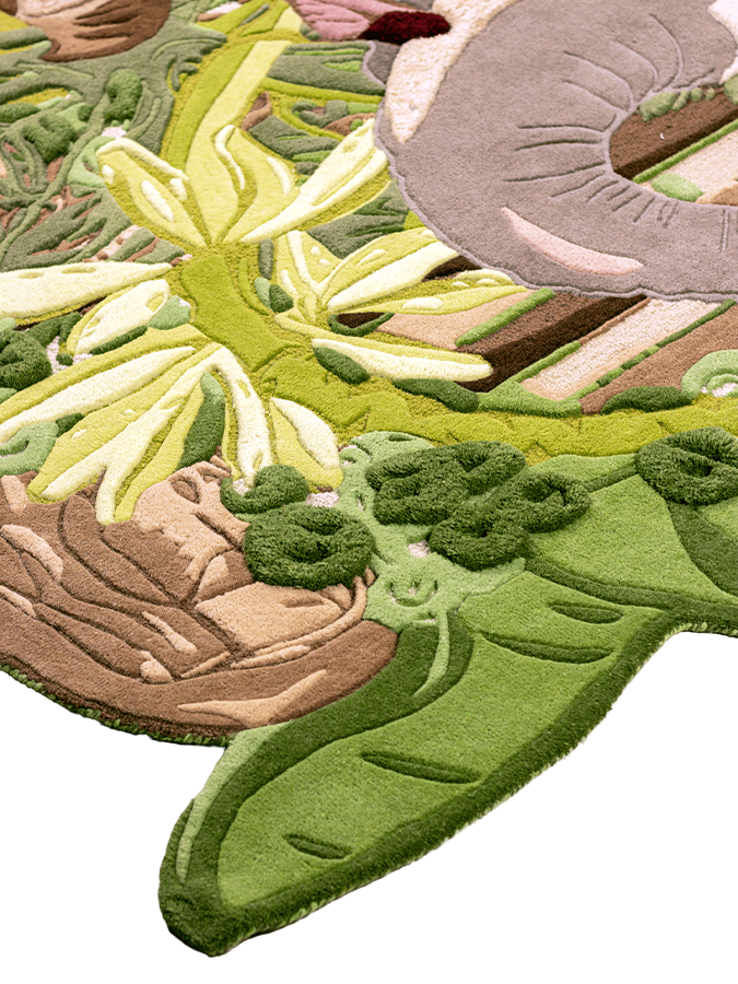 Echoes of Hampi hand-tufted rug detail showing layered green tones, sculptural textures, and nature inspired elements.