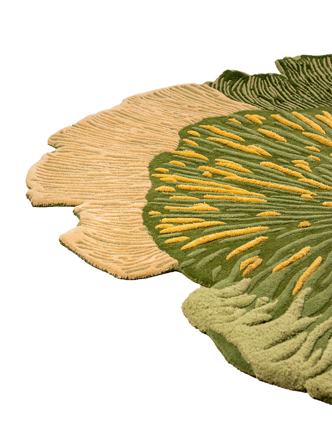 Close-up of Forest Nuances rug highlighting sculptural contours, textured wool pile, and nature-inspired patterns.