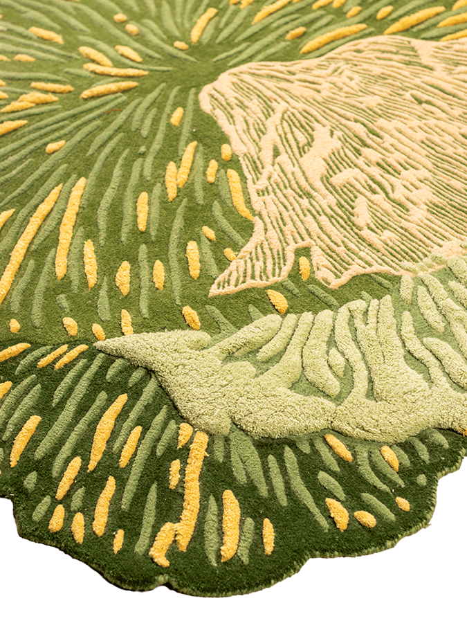 Forest Nuances hand-tufted rug detail showing layered green and ochre tones with organic high-low pile texture.