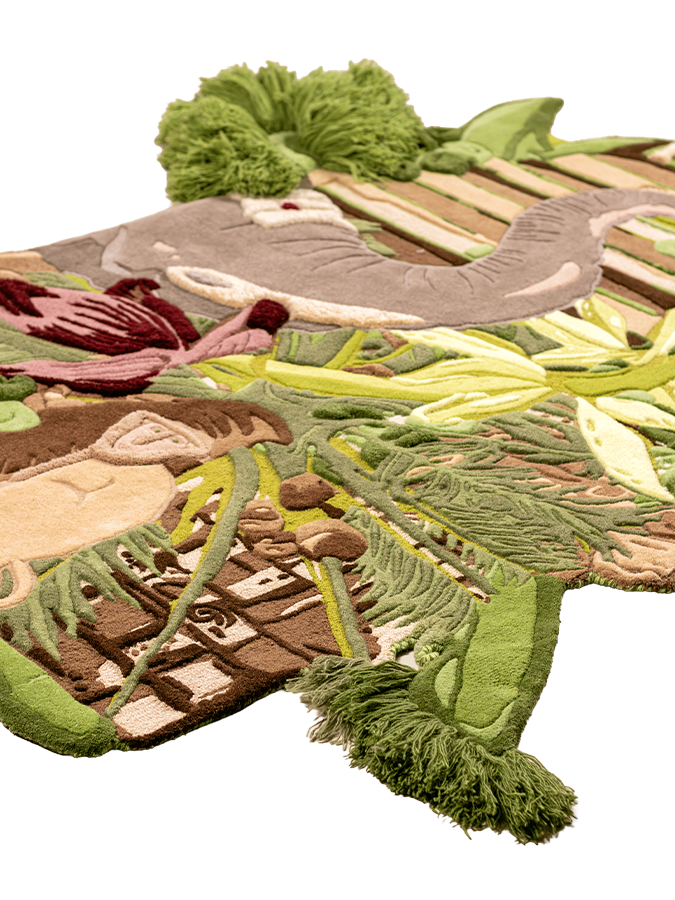 Echoes of Hampi hand-tufted rug featuring architectural and landscape inspired patterns in earthy green and browns.