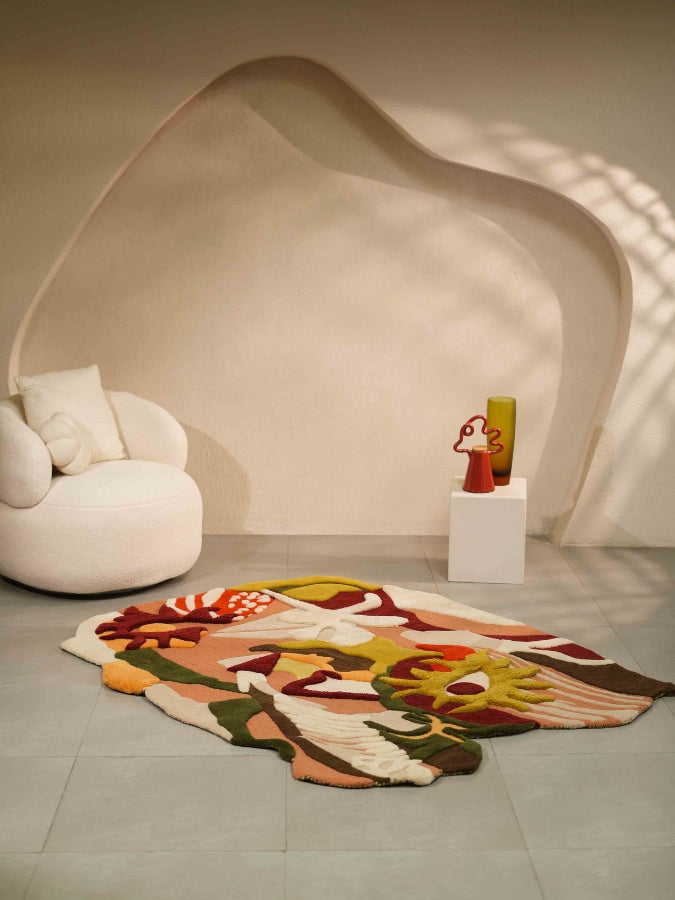 Bouquet of Dreams textured rug with vibrant floral patterns in red, yellow, green, and ivory tones.