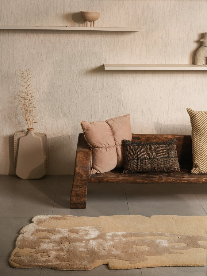 Field of Gold rug styled in a minimal living room with earthy accents