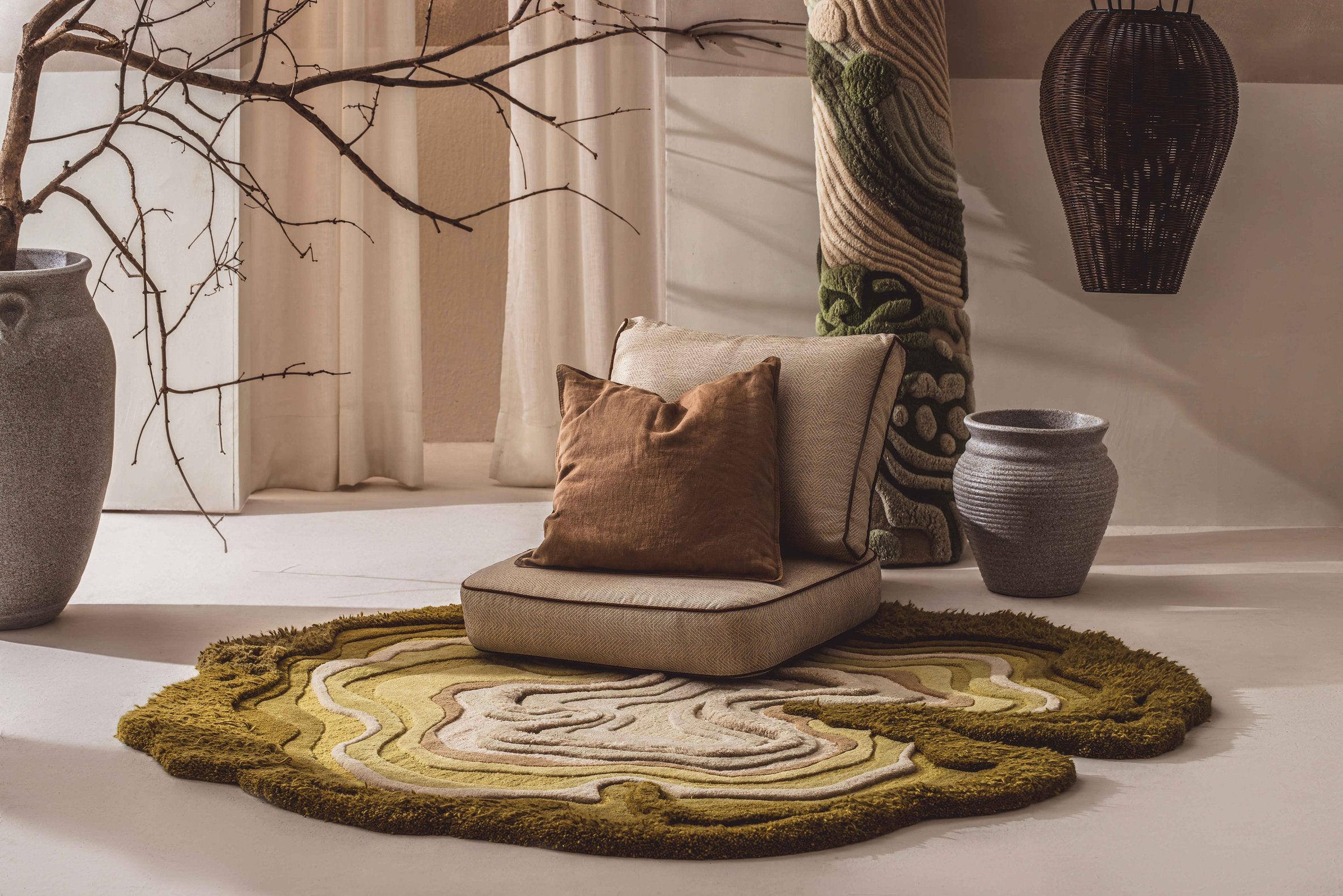 Golden Tides textured rug featuring vibrant yellow and green hues, inspired by meadows and sunlit valleys.