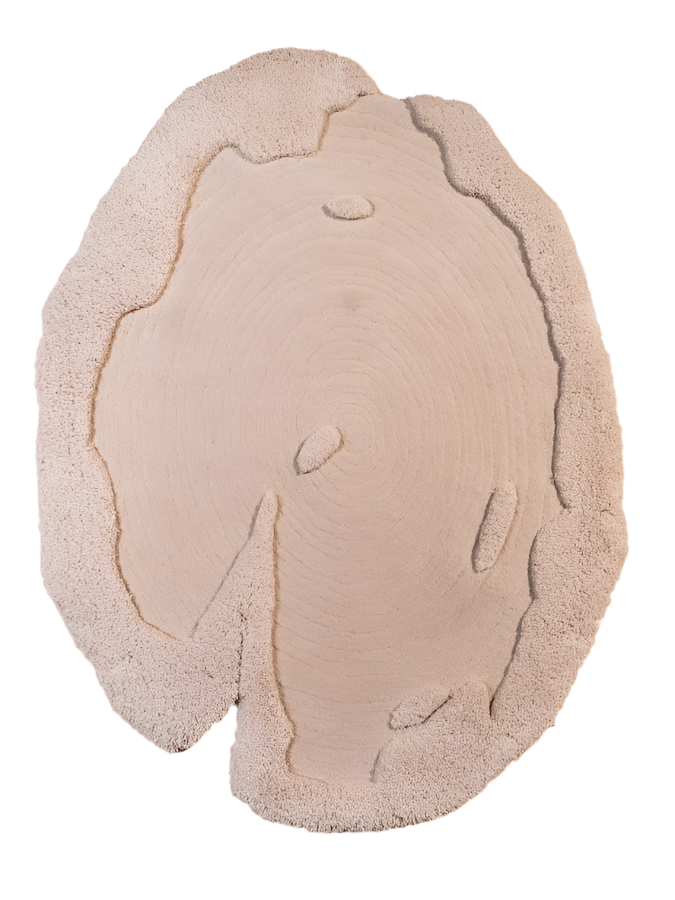 Moon Pond hand-tufted circular rug in ivory and grey with layered high-low textures.