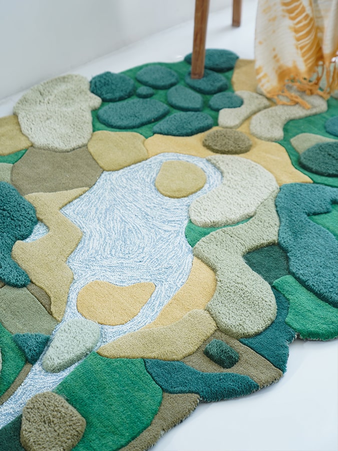 Detail shot of the Moss Spirit Rug, focusing on the intricate weave and vibrant green color that enchants with natural beauty.