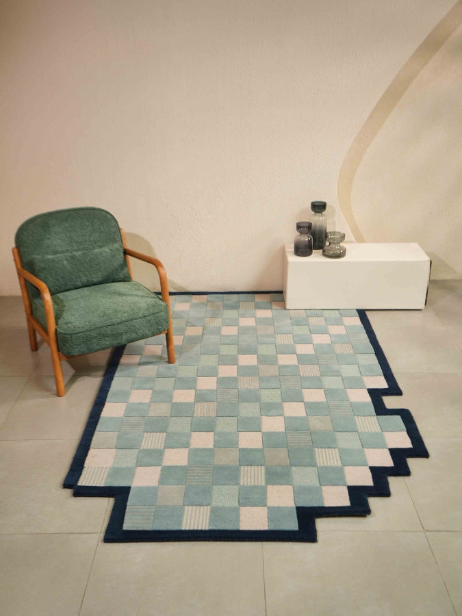 Modern Pixel Cloud rug styled with minimalist decor and earthy accents.