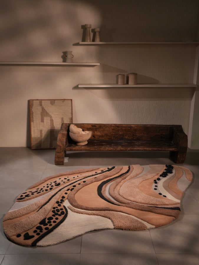 Close-up of Sandstorm hand-tufted rug showing layered textures and high-low pile details.