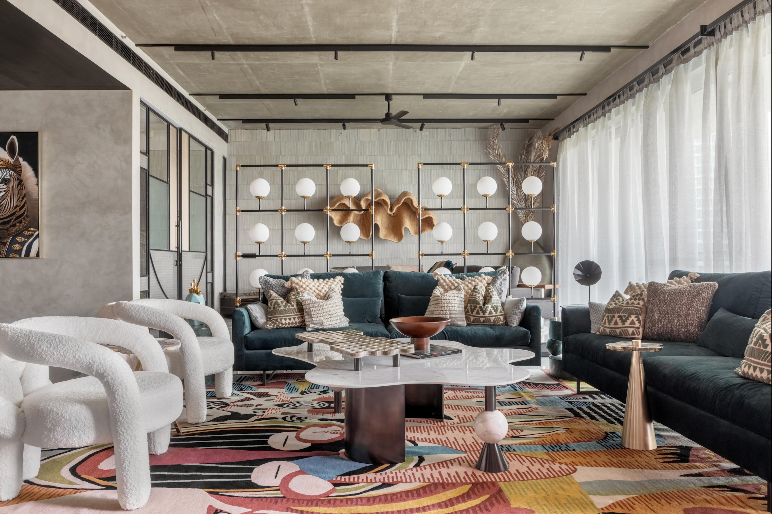 Angle view of the Nomadic Odyssey Rug on the floor, illustrating its ability to withstand the test of time while enhancing room aesthetics with its timeless elegance.