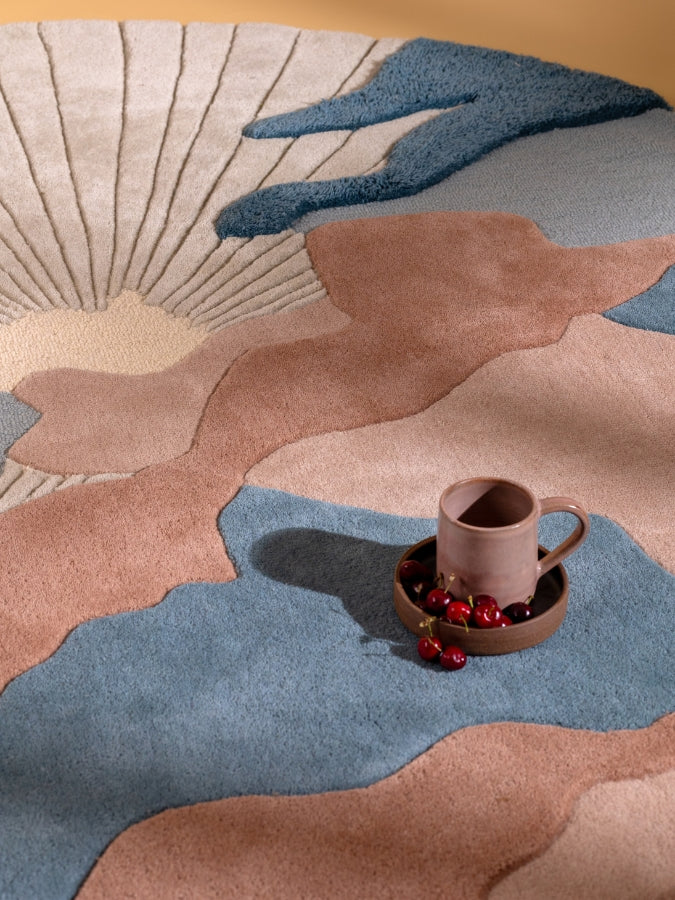 Close-up of Solace textured rug showcasing its soft texture, layered design, and calming color palette.
