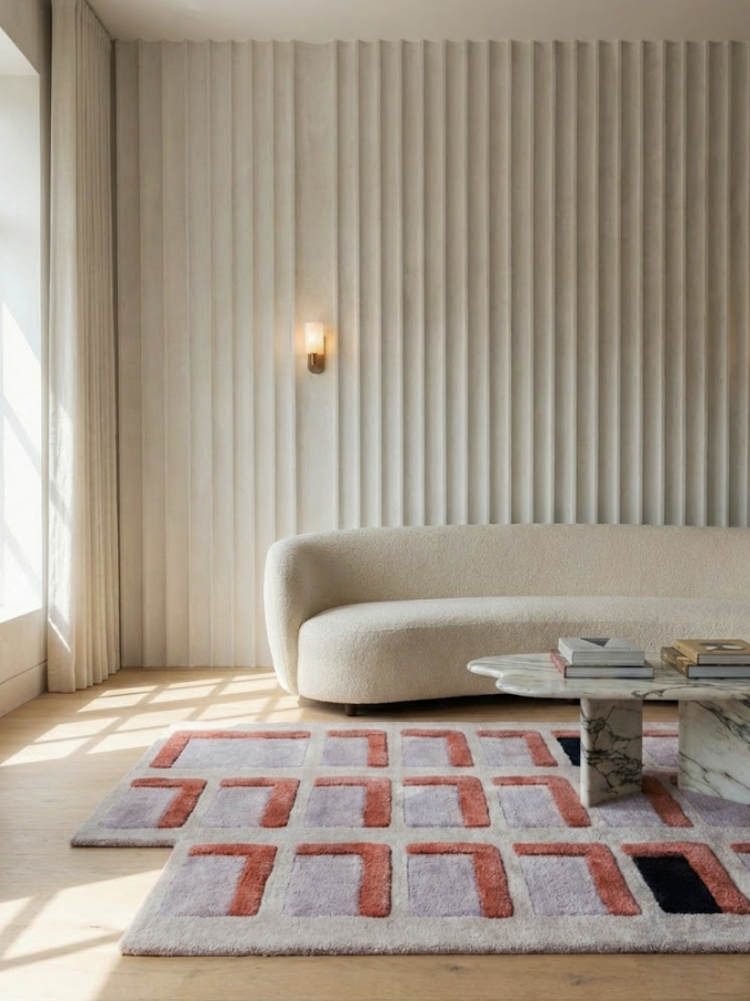Spatial Memory rug with grey grid pattern, terracotta accents, and deep blue highlights in geometric layout.