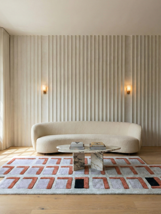 Spatial Memory rug styled in a modern interior, adding architectural rhythm and contrast to the space.