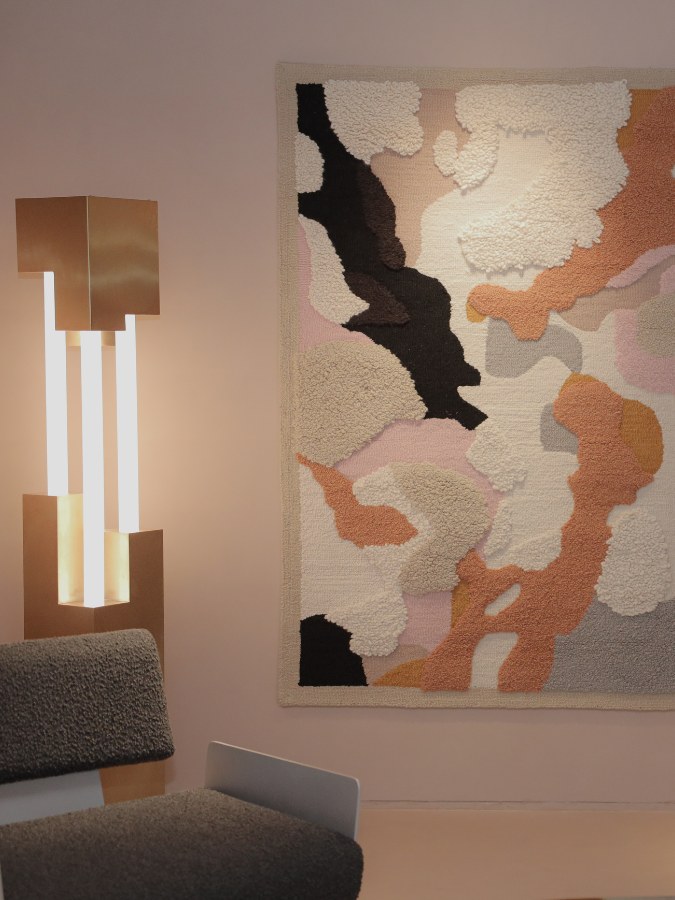 Close-up of Stone & Sienna wall rug showing hand-tufted high-low textures in wool