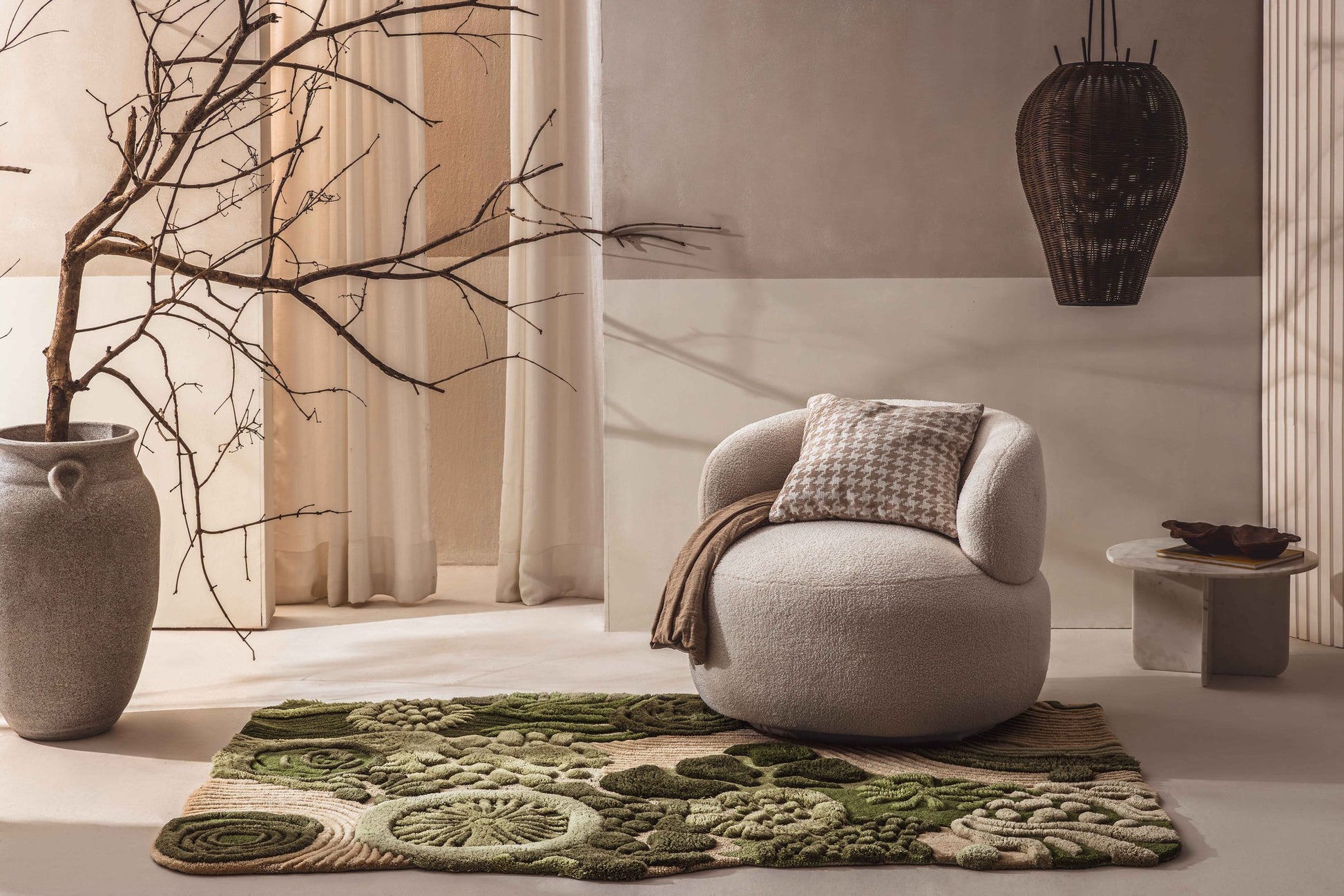 Velvet Moss textured rug inspired by lush forest greenery, featuring rich tactile textures and soothing green hues.