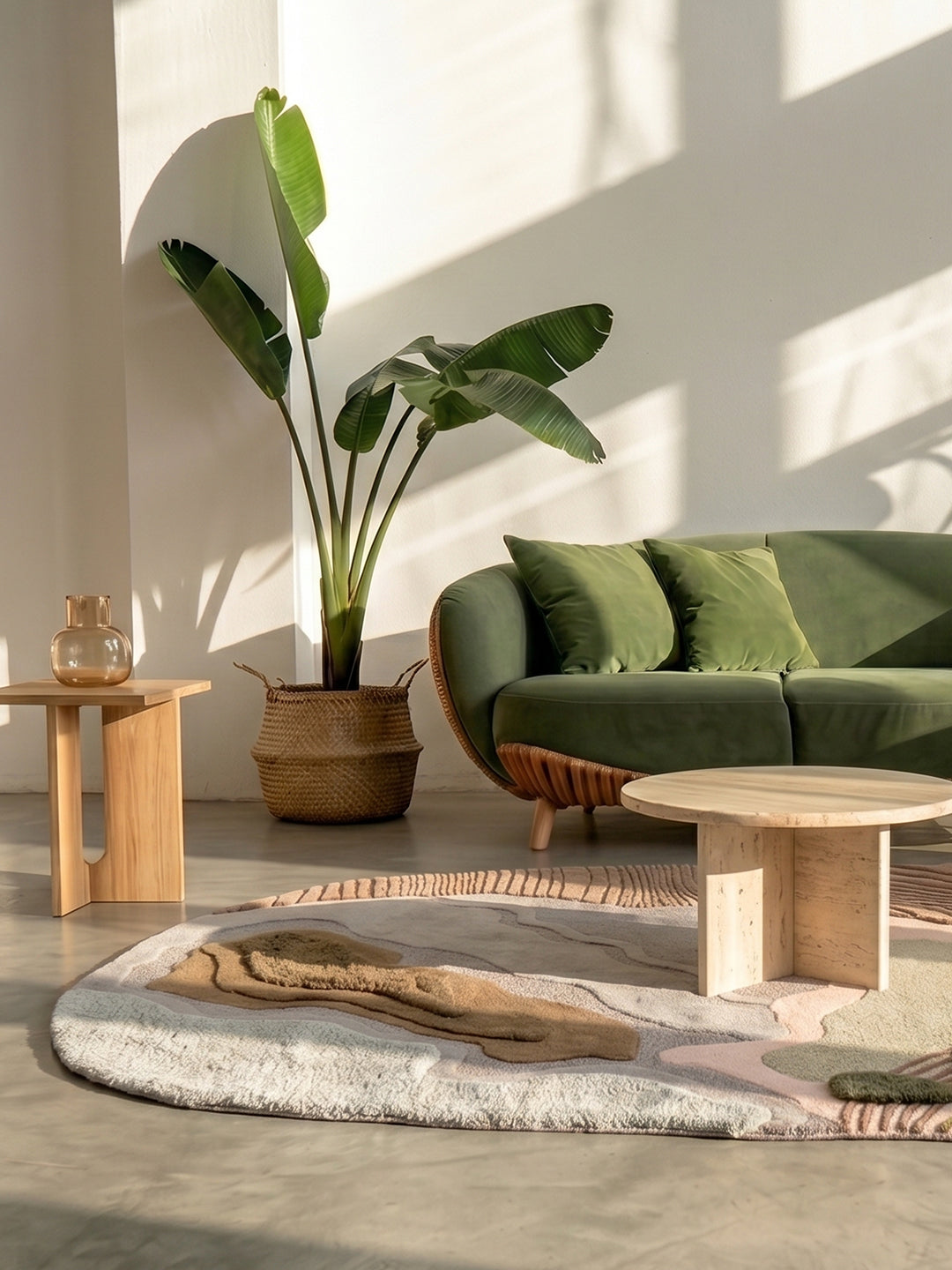 Alluvial Drift hand-tufted rug with an irregular silhouette, sculpted moss-green islands and carved ripples on a blush and sand base.