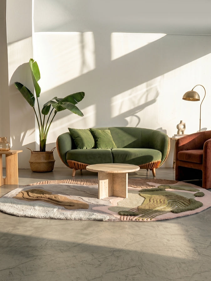 Alluvial Drift textured wool rug by Loops by LJ, with flowing river-inspired contours in moss green, blush and sand.