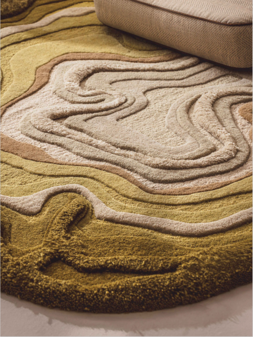 Golden Tides Hand Tufted Rug in mustard and green hues inspired by sunlit meadows