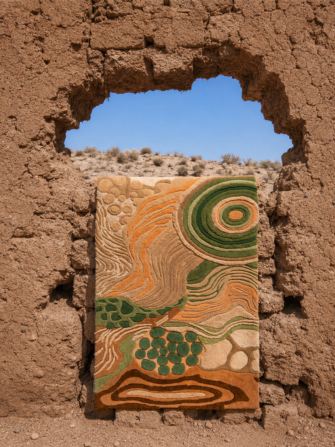 Feral Ground hand-tufted rug with sage green rings, peach ridgelines, ivory textures, and deep chocolate contours, crafted from 100% New Zealand wool.