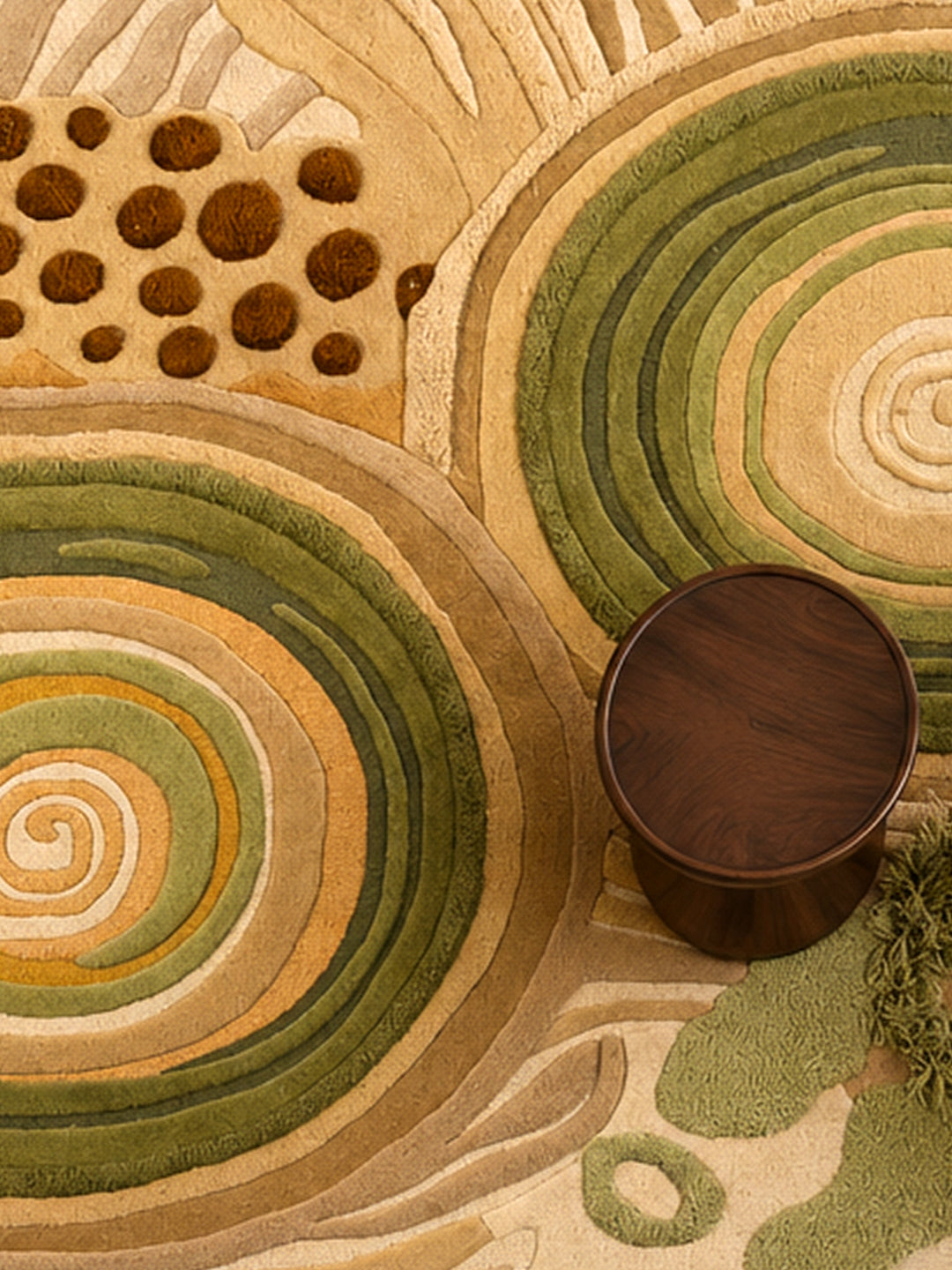Close-up of Quiet Tide rug showcasing layered hand-tufted textures, sculpted pile heights, and organic flowing details.