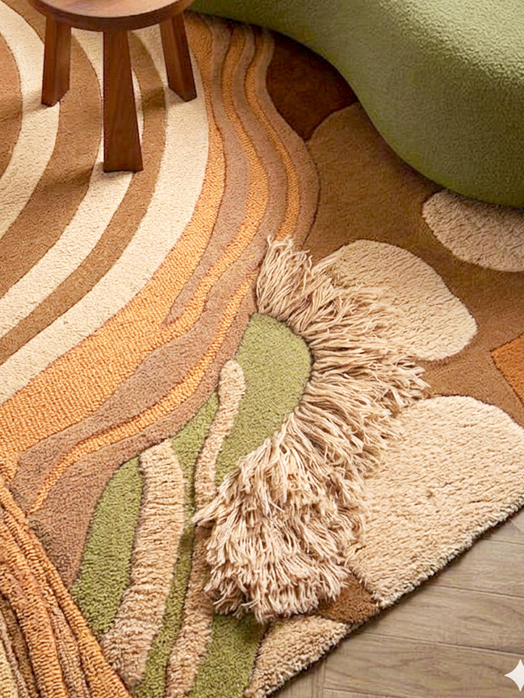 Desert Bloom hand-tufted rug in ochre, taupe, sage green, and brown, inspired by desert landscapes and crafted from 100% New Zealand wool.